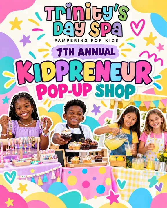 Flyer for the 7th Annual Kidpreneur Pop-Up Shop at Trinity's Day Spa, showing kids selling bracelets, cupcakes, and lemonade